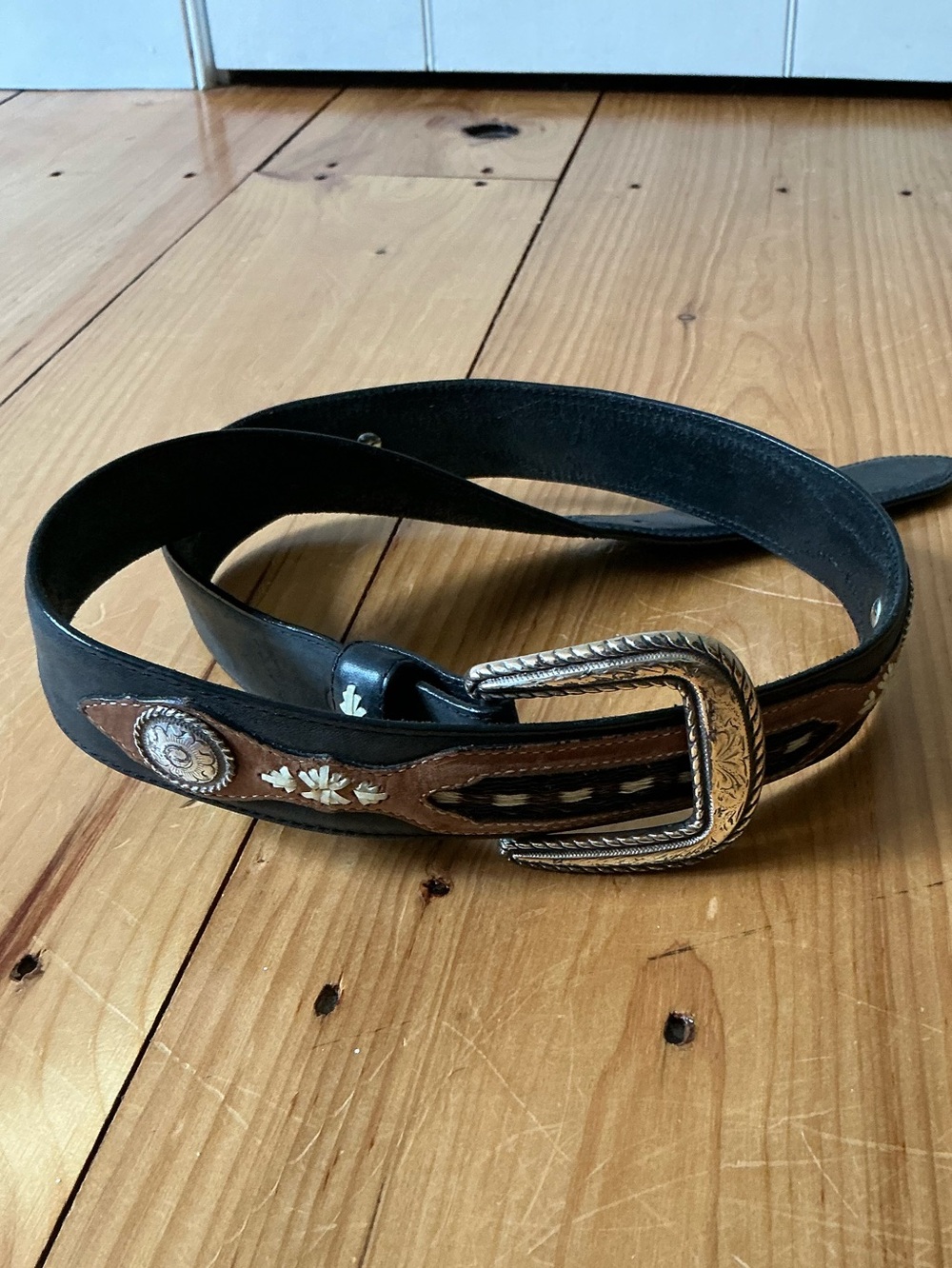 Vintage 1995 Justin Black Leather Pony Hair Belt 36